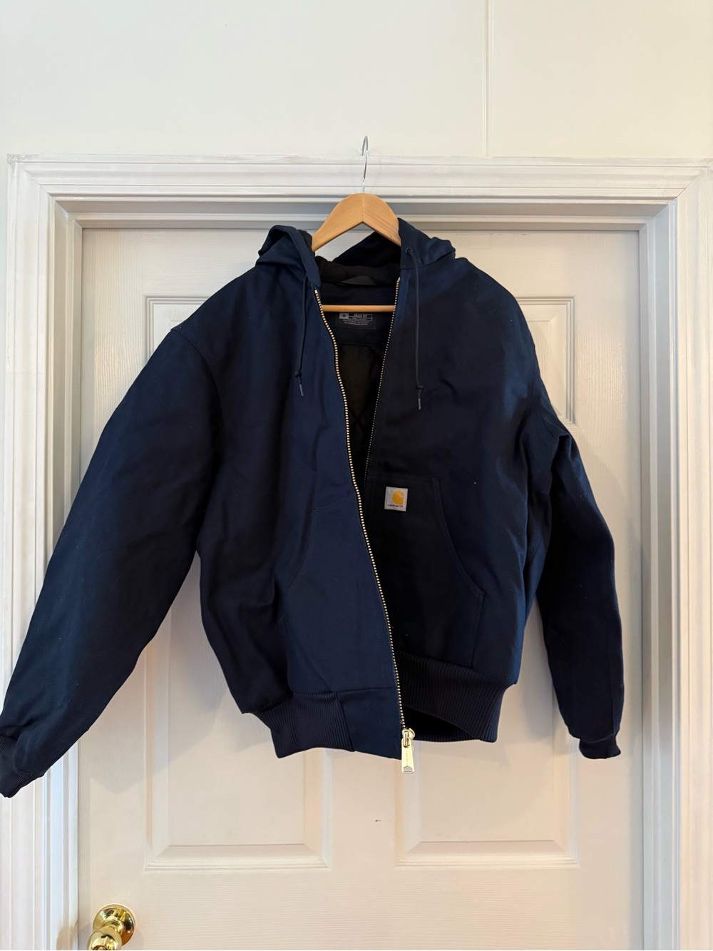 Carhartt Dark Blue Quilted Hooded Jacket with Gold Zipper